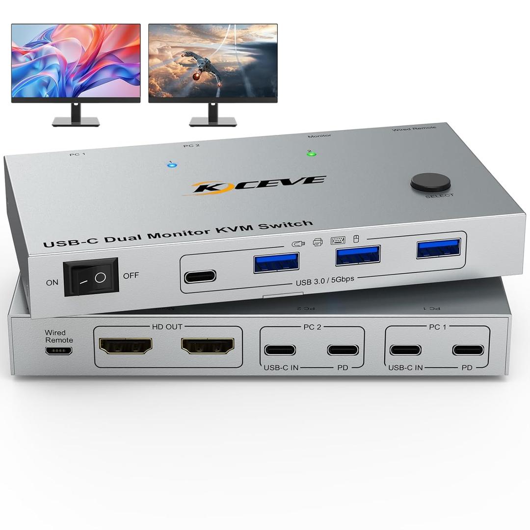 KVM Switch 2 Monitors 2 Laptops USB C,4K@60Hz USB C Dual Monitor KVM Switch for 2 Laptops Share 4 USB 3.0 Devices with 80W PD,Wired Remote and Cables Included