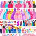 110 Pcs Doll Clothes and Accessories Dress up Toys for Girls with Wedding Dresses, Casual Dresses, Casual Jumpsuit, Swimsuits Bikini, Glasses, Shoes, Hangers, Doll Clothes Toys for Girl Gift