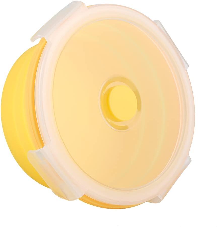 aqxreight Silicone Lunch Box 500ml Round Collapsible Container for Food Storage Microwave Safe Dishwasher Friendly Portable for Office Camping Hiking Picnics (Yellow)