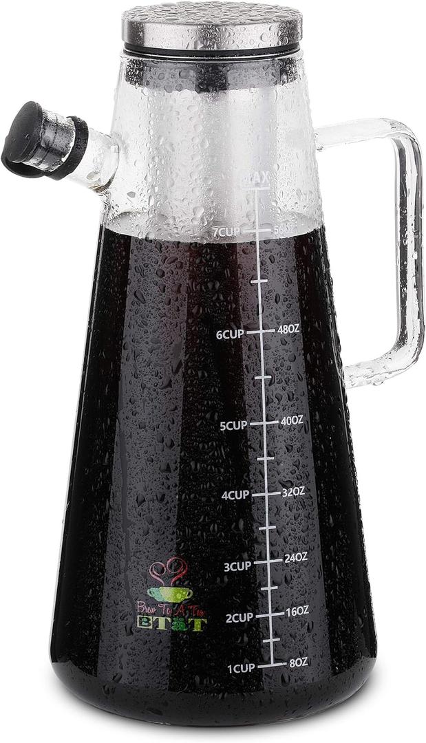 BTaT- Airtight Cold Brew Iced Coffee Maker Pitcher, 2 Liter/ 64 oz, Iced Tea Maker with Spout, Brewing Glass Carafe with Removable Stainless Steel Filter