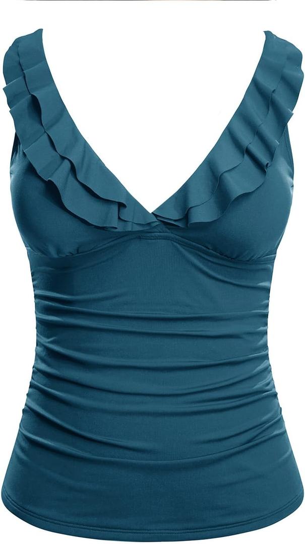 Yonique Women's Tankini Top Only Tummy Control Bathing Suit Top Ruffle Swimsuit Top V Neck Swim Tank Top No Bottom (Medium, Malachite Green)