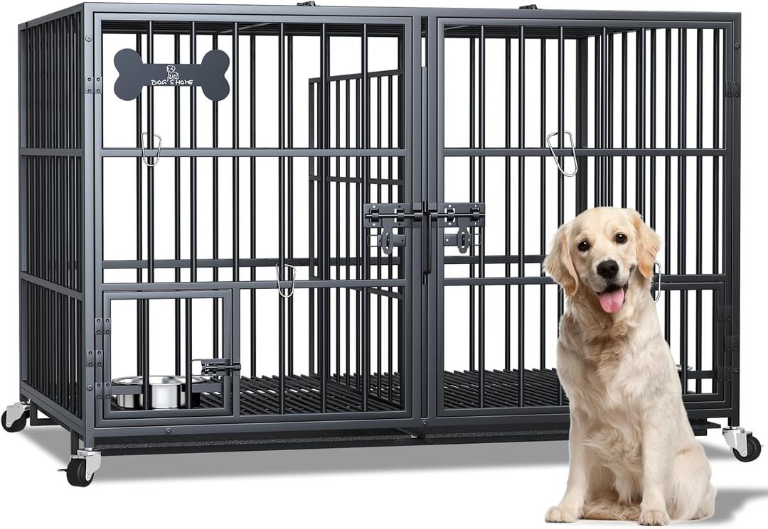 Dosker 42 inch Heavy Duty Metal Dog Crate Cage with Divider for 2 Dogs/Large Dog,All Metal Open Top Escape Proof Cage,Dog Kennel Indoor with Wheels,Floor Grid,Tray,Feeding Bowl (Black)