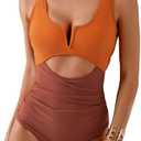 HXN Women's One Piece Swimsuit Tummy Control Bathing Suit Color Block Cutout Slimming Swim Suit Swimwear 2025 Size L