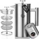 Coffee Gator 304 Grade Stainless Steel French Press Coffee Maker 34 oz, Double Wall Insulated Teapot with 4-Level Filtration System, Include Travel Jar Canister, Rust-Free, Dishwasher Safe, Silver