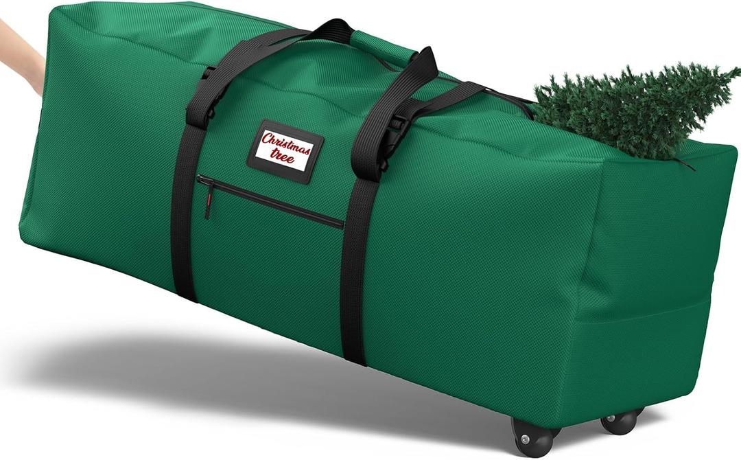Kesfitt Christmas Tree Storage Bag, Rolling Xmas Tree Storage Box Fits Up to 9Ft Artificial Disassembled Christmas Tree, Extra Large Heavy Duty Tree Bags Storage with Wheels, Dual Zippers (Green)