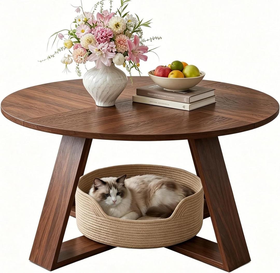 HAIOOU Round Coffee Table for Living Room with Open Storage -Walnut Wood