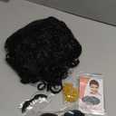 80s Short Black Curly Wig for Men with Mustache Glasses and Chain 70s Mullet Wig with Curl for Rocker Halloween Costume Cosplay