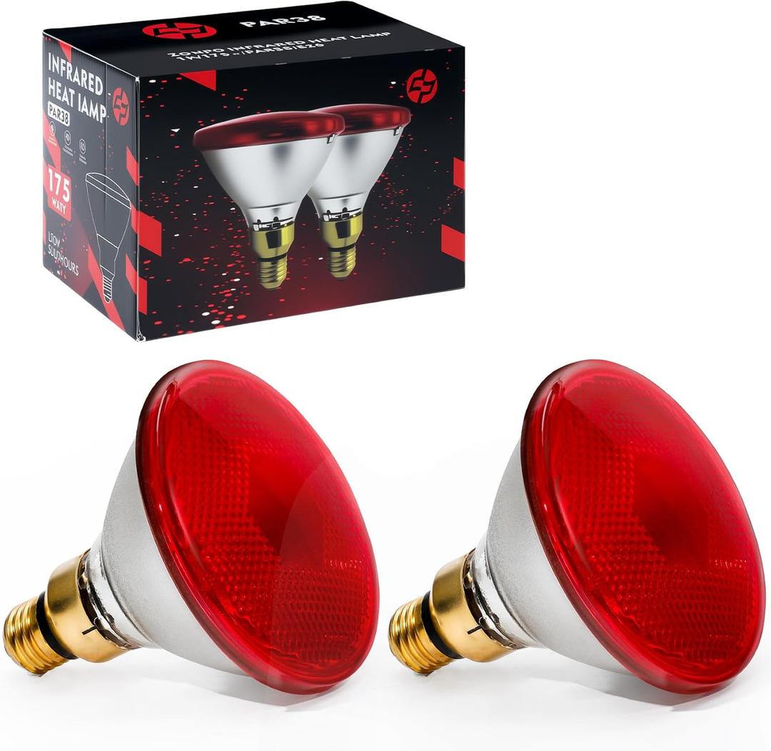 Heat Lamp, 175W Heat lamp Bulbs, PAR38 Infrared Heat lamp, Halogen Heat for Food Service, Brooder Bulb, Chicks, Pet, Bathroom, Light Therapy Use E26 Base, Flood Light Heat Lamp, 2 Pack
