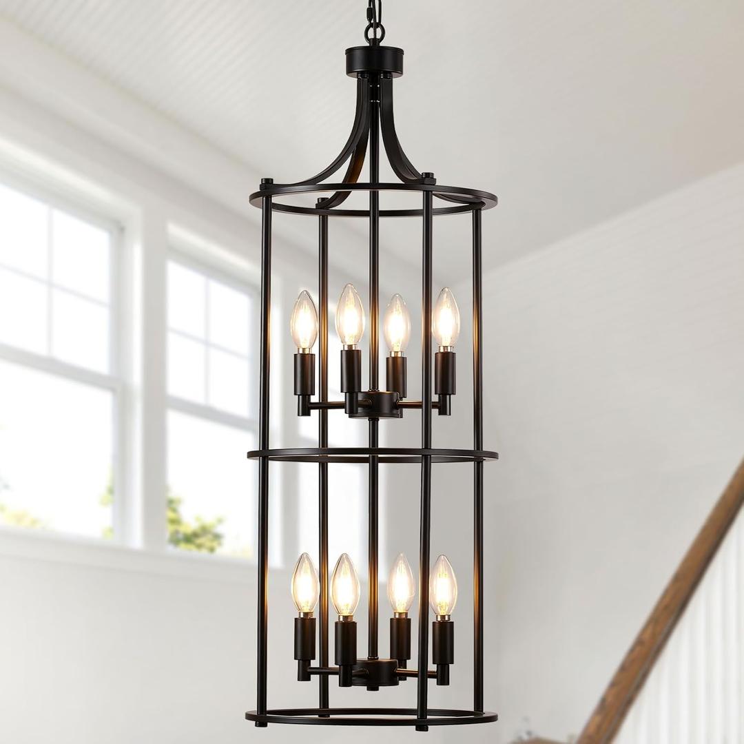 Foyer Chandeliers for High Ceilings, Lantern Tiered Black Chandelier Light Fixture Metal Modern Farmhouse Pendant Lights for Kitchen Island Entryway, Staircase, Living Room, Dinning Room