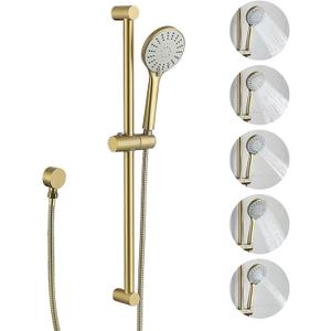304 Stainless Steel Shower Slide Bar 28-Inch with Adjustable Handheld Shower Head and 59-Inch Hose, High Pressure 5 Setting Hand Shower with Wall Mount，Shower Slide Bar Combo, Brushed Gold