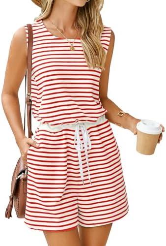 Glamaker Womens Rompers for Summer 2025 Striped Shorts Overall Sleeveless Jumpsuits Elastic Waist Beach Outfits with Pockets S