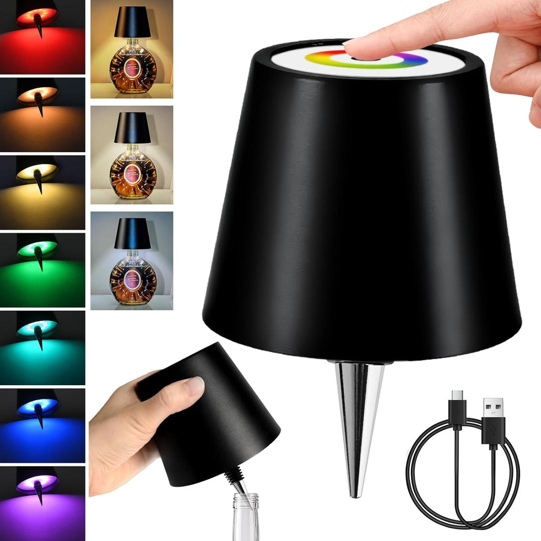 Wireless Bottle Lamp, 5200mAh RGB Bottle Lamp Shade 3 Color Mode Colored Stepless Dimmable LED Bottle Lights for Liquor Wine Bottles, Rechargeable Touch Whiskey Bottles Stopper Night Light Kit