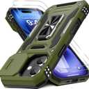 DEERLAMN Case for iPhone 17 6.3-Inch with Slide Camera Cover + Screen Protector (2 Packs), Rotated Ring Kickstand Military Grade Shockproof Protective Cover-Olive Green