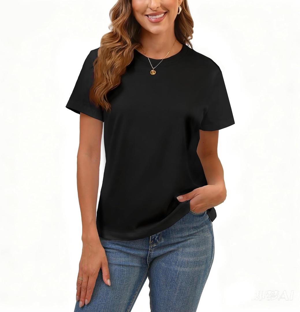 Cotton Basic T Shirts for Women,Crew Neck Short Sleeve Summer Shirts,Solid Loose Fit Tshirt, Plain Workout Tops, Undershirts (Large, 0-black)