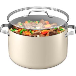 Bakken 16 Quart Ceramic Coated Stock Pot with Lid, Easy Clean Nonstick Pot, Tempered Glass Lid, Riveted Stainless Steel Handles, Oven Safe Up To 500F, PTFE & PFAS Free, All Stove Compatible, Cream