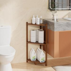 Wisuce Corner Shelf, 100% Real Bamboo Shower Corner Shelves Free Standing Shelf Storage Organizer for Bathroom Living Room Kitchen (Brown, 3 Tier)