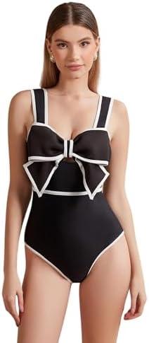 FLAXMAKER Black and White Swimsuit Bow-tie Decor One Piece Bathing Suit Small