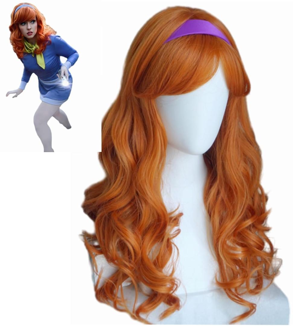 Orange Red wig for women side bangs with side bangs ginger long wavy curly 24inches Heat Resistant halloween orange red cosplay costume wig for girl and women (no head piece including)