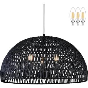 24" Black Woven Pendant Light Boho Chandelier Dome Rustic Farmhouse Chandelier Wicker Pendant Light Rattan Light Fixture for Dining Room Living Room Bedroom Kitchen Island Foyer(Bulb Incl)