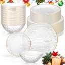 Havawish 90 90 Pcs Clear Plastic Plates and Bowls Set for 30 Guests Hammered Clear Disposable with Gold Rim Heavy-duty Christmas Include 60 Plastic Plates, 30 Bowls for Wedding, Party (Transparent)