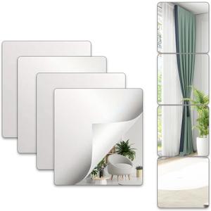 4 Pcs Self Adhesive Mirror, 3mm Thickened Shatteproof Safe Acrylic Stick on Mirror Tiles for Living Room,Bedroom, Workout