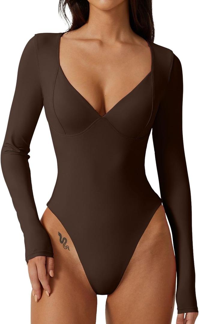 QINSEN Women's Long Sleeve Bodysuit V Neck Body Suits Seamed Cup Going Out Tops Shirt (Medium, Coffee Bean)