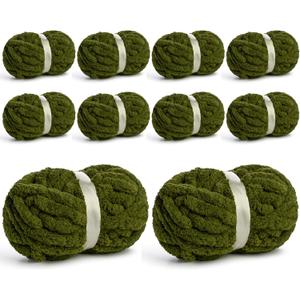10 Pack Jumbo Chenille Yarn for Crocheting, #10 Super Bulky Baby Soft Yarn for Hand Knitting, 220 yds /70.5 oz Fluffy Chunky Knit Throw Blanket Yarn (Olive Green)