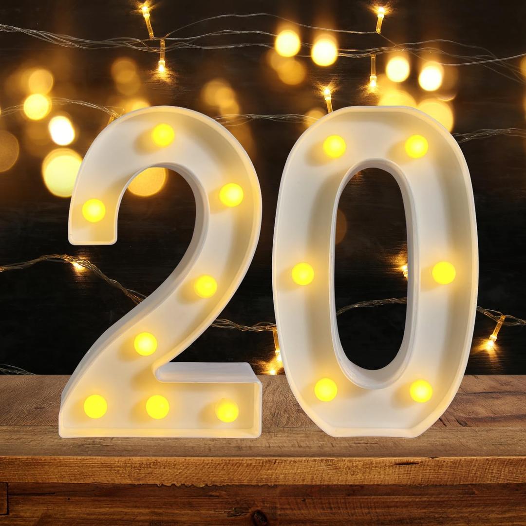 20th Birthday Decoration LED Light up Numbers, Birthday Number Sign Light for Birthday Party Decoration Night Lit Anniversary Background Home Decoration Party (Number 20, White)