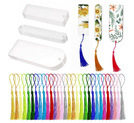 Wholesale 30PCS Acrylic Bookmark Blanks, Clear Acrylic Craft Bookmarks with 30PCS Colorful Tassels, Transparent Rectangle Round Bookmarks Bulk for DIY Crafts Hanging Gift Tag Price Tags(3 Shape)