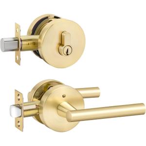 goldenwarm 1 Pack Exterior Gold Door Handle with Deadbolt, Single Cylinder Deadbolt and Entry Door Handle Set,Brushed Gold Front Door Lock Set