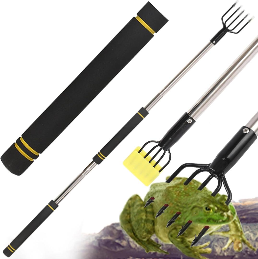 Frog Gigging Pole,2 to 6Ft Fishing Gig Gaff with Barbed 5-Prong Harpoon Stainless Steels Flounder Gig Extension Pole Long Handle with Spong Handle Hunting Bullfrog Spears Fish Hook Sturdy