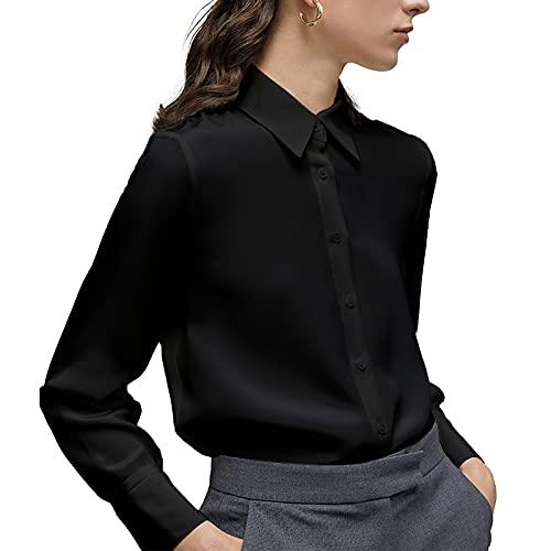 YAMANMAN Women's Button Down Shirt Classic Long Sleeve Collared Tops Work Office Chiffon Blouse Black Small