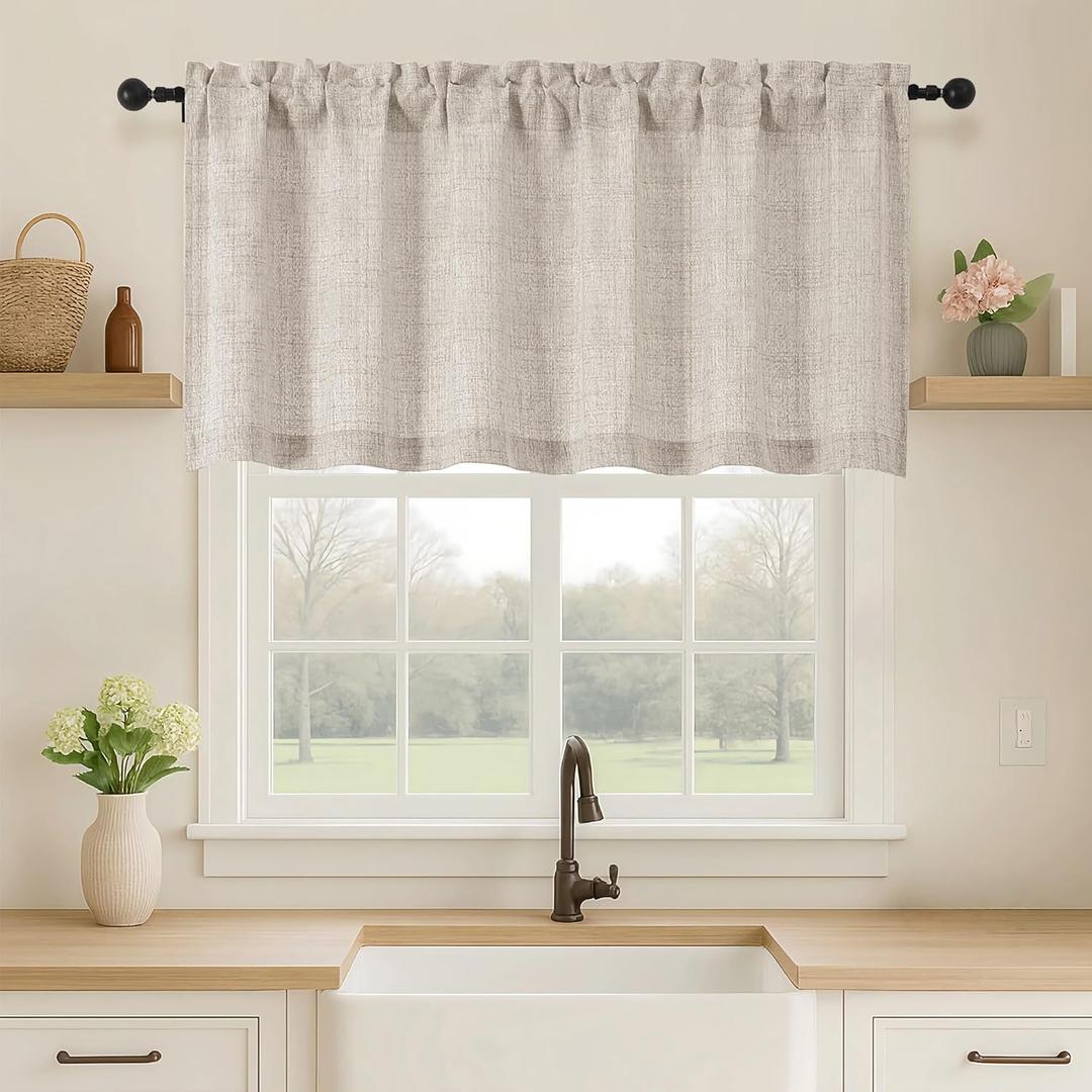 OVZME Valance for Windows, Light Filtering Faux Linen Textured Small Cafe Valances for Windows, Dual Rod Pocket Farmhouse Short Curtain for Bathroom Basement, 60Wx24L inch, 1 Piece, Linen Color