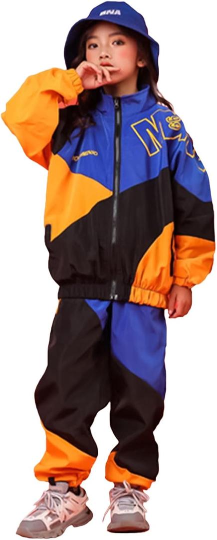 LOLANTA Boys' Girls' Color Block Jacket Track Pants Sets Hip Hop Dance Patchwork Clothes Unisex Streetwear, 130