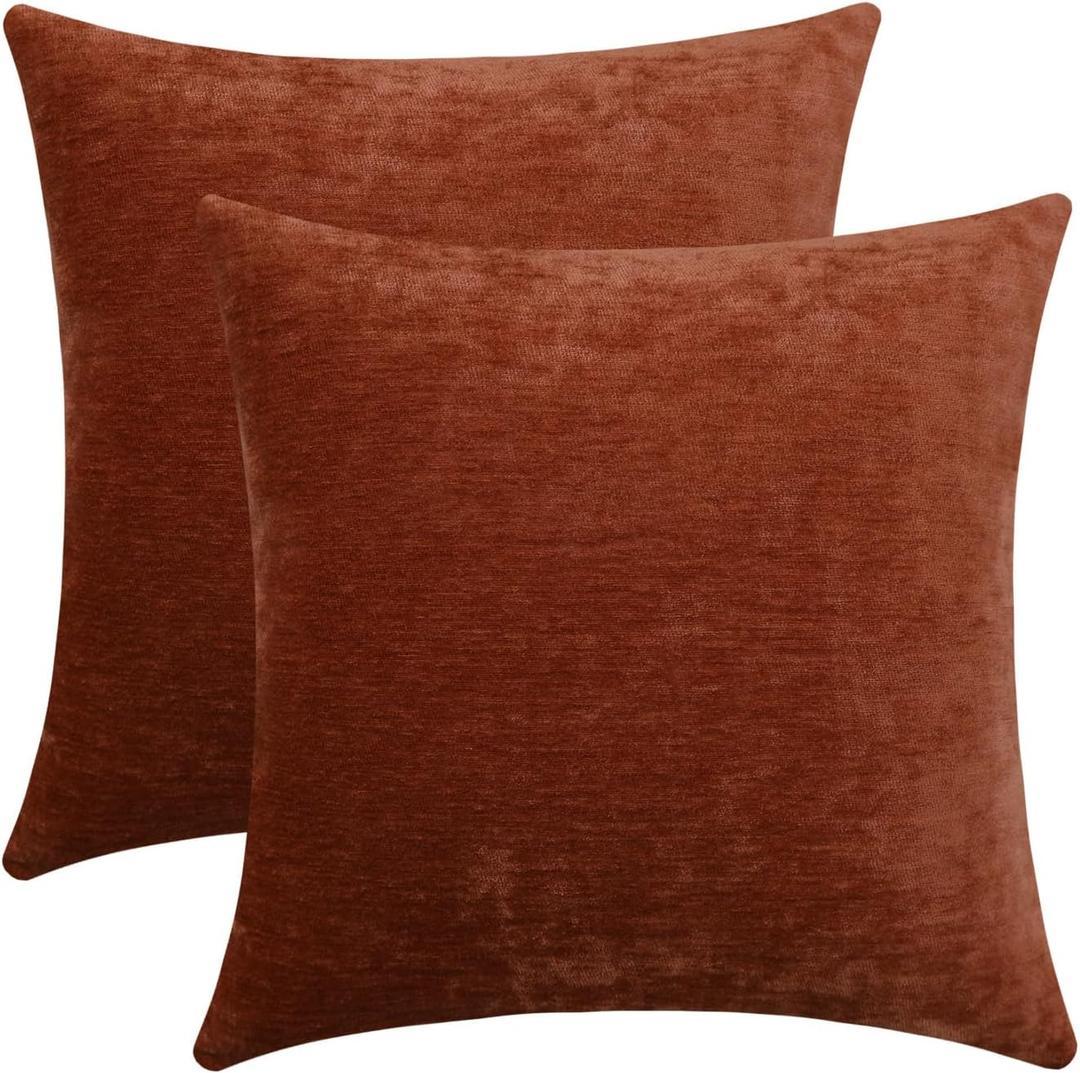 Terracotta Cozy Soft Throw Pillow Covers Decorative Chenille Square Couch Cushion Cases for Sofa Decor, Set of 2, 20 x 20 Inches