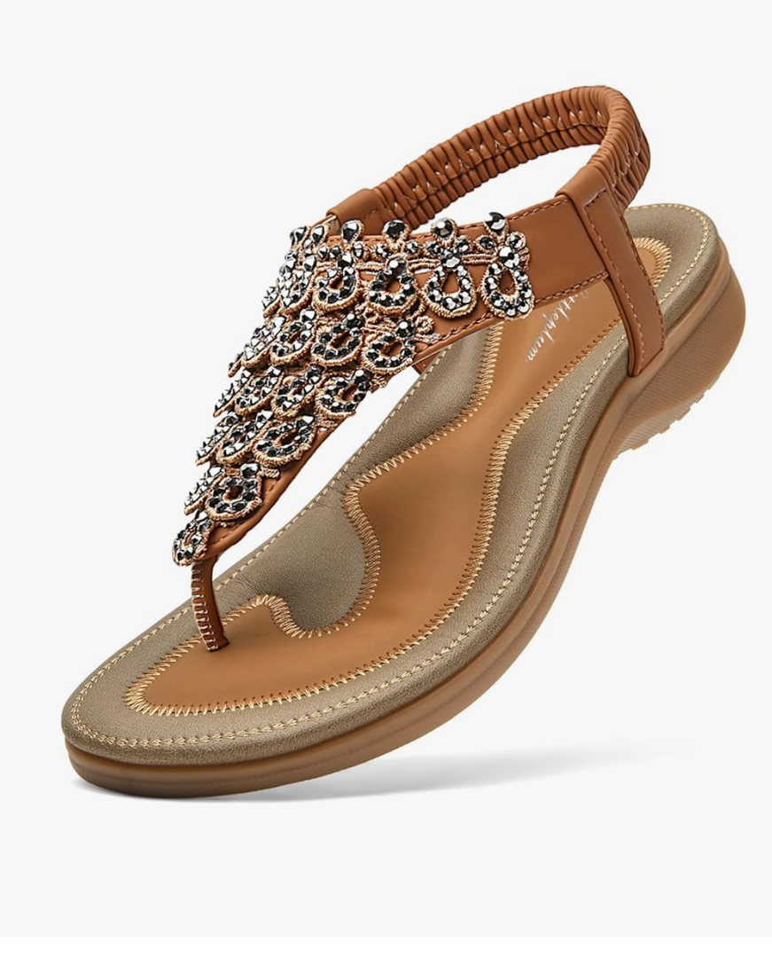 Littleplum Womens Sandals Arch Support Slingback Rhinestone Dressy Sandals Comfort Summer Shoes Ankle Strap Elastic Flats for Beach Walking