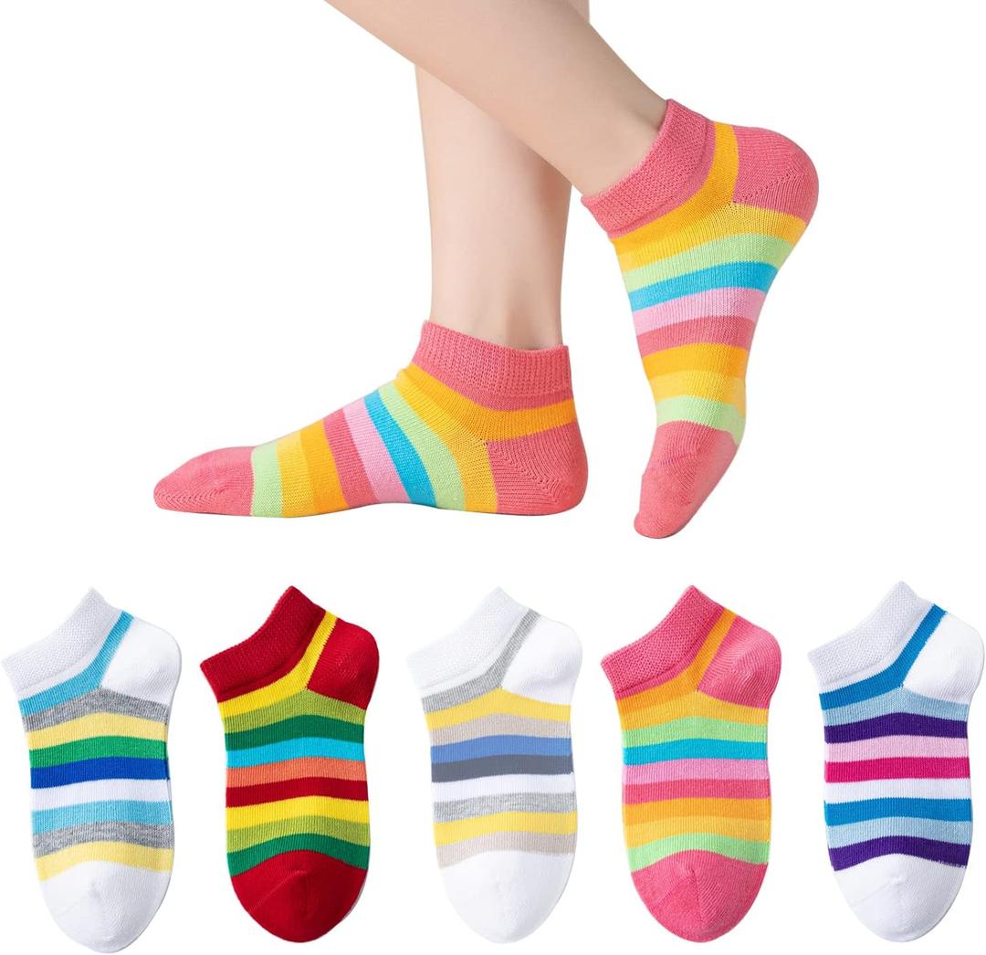 Marchare Girls Seamless Socks Rainbow Stripes Cotton Socks Kids School Crew Socks 5 Pack (S)