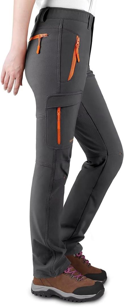 KUTOOK Women's Thermal Softshell Hiking Pants Windproof Polar Fleece Lined Cargo Pants for Winter Outdoor Sports (Large, Grey)