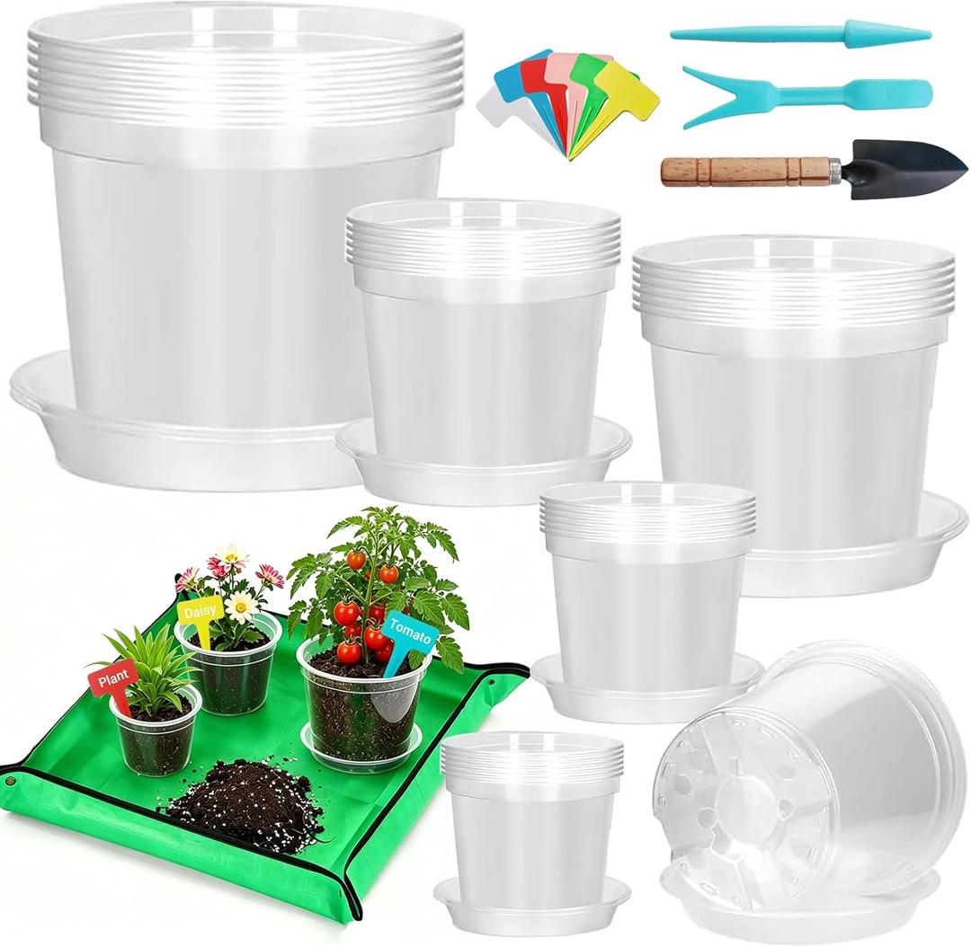 3/4/5/6/7 Inch Clear Plastic Nursery Pots with Drainage Holes and Saucers, 30Pcs Seedling Starter Flower Pots with Repotting Mat, Plant Labels and Tools Sets for Flower Herb, Succulent Transplanting