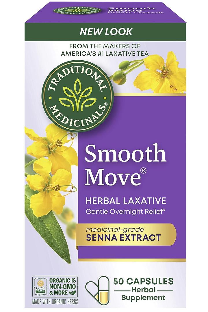 Traditional Medicinals Organic, Smooth Move Laxative Capsules - Organic Senna & Licorice Laxatives for Constipation - Kosher, Non-GMO, Stimulant-Free - 50 Capsules (EXP 06/16/28)