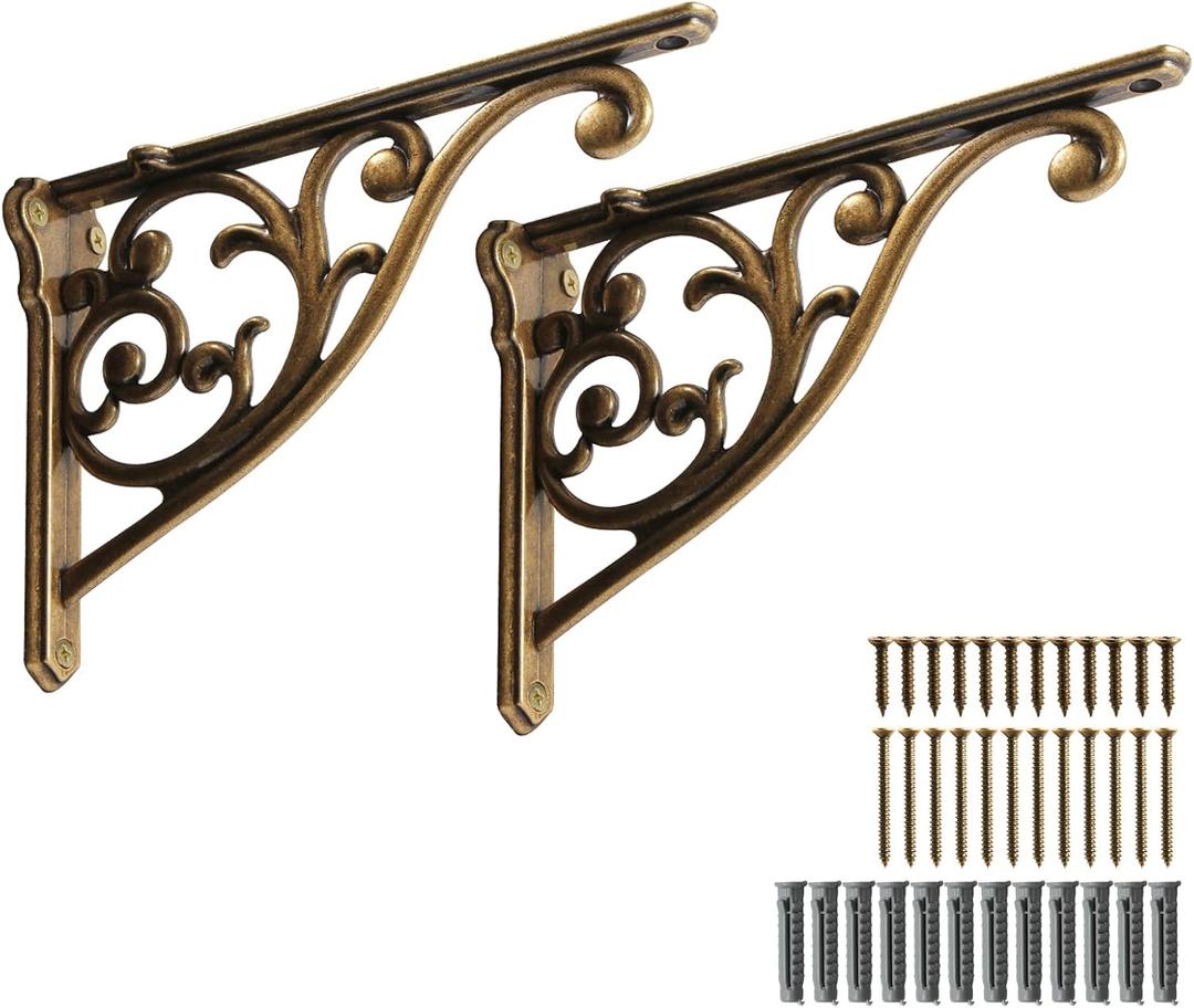Khtumeware Shelf Bracket 10 Inch, Decorative Brackets for Shelving, Heavy Duty Vintage Ornate Shelf Bracket , Hardware Included, 2 Pack,Antique Brass, 9.84x7x1.73 inch