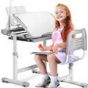 Rengue Kids Desk and Chair Set, Height Adjustable Children School Functional Study Desk with 55° Tiltable Desktop, 3 Modes & Brightness LED Light, Storage Drawer & Metal Hook for Boys Girls (Grey), 28.74" L x 19.69" W x 28.74" H