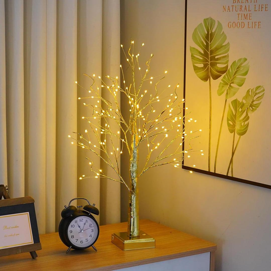 144 LED Artificial Tree Lamp with Timer, DIY Birch Tree with LED Lights, Lighted up Tree Lamp USB/3 AA Battery Powered, Fairy Light Spirit Tree for Table Home Wedding Bedroom Christmas (Gold) (2ft)