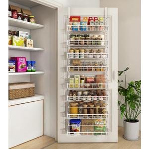 Over The Door Pantry Organizer, Wall Mount Spice Rack, Pantry Hanging Storage and Organization, 8 Adjustable Baskets Heavy-Duty Metal for Home & Kitchen, Back of Door Seasoning Rack - White