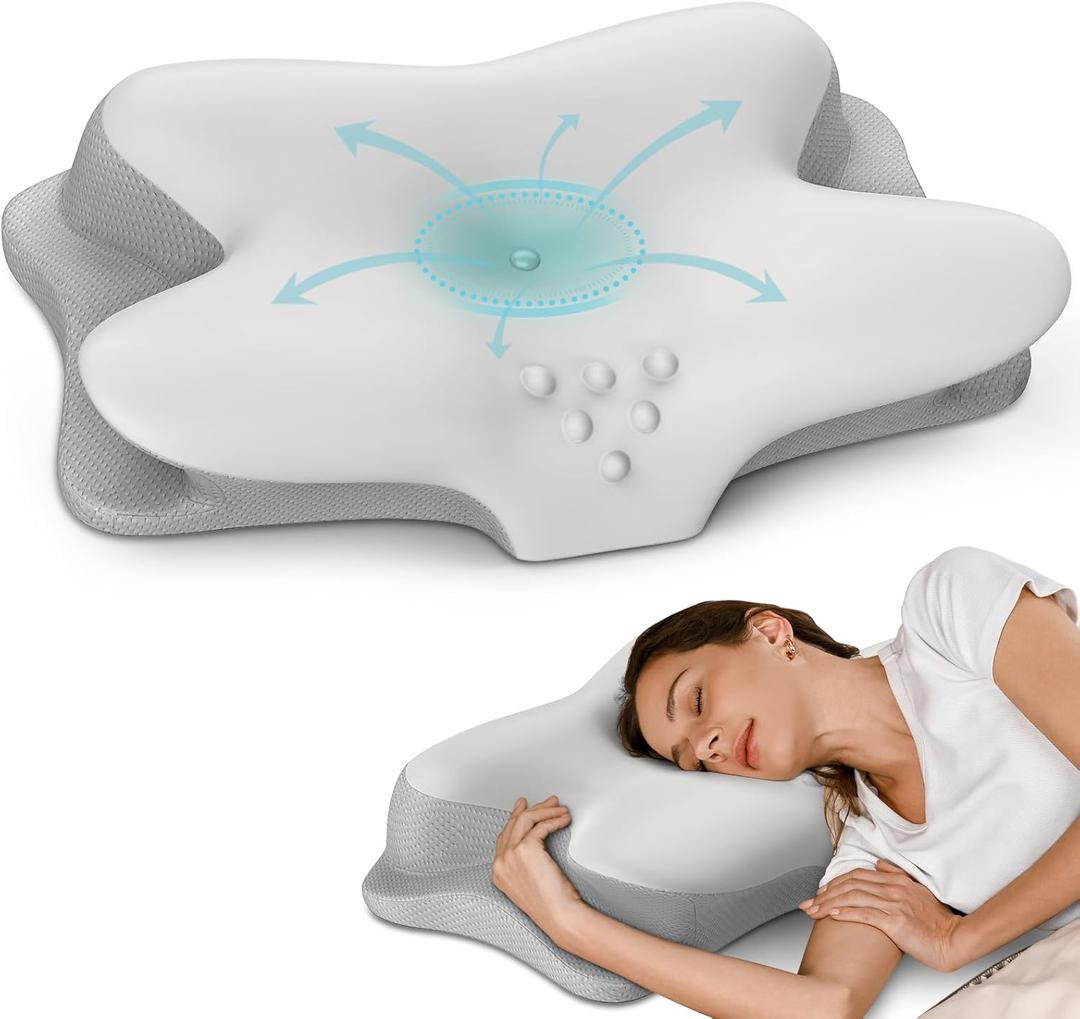 Cervical Neck Pillow - Cooling Pillow for Neck Pain Relief, Ergonomic Side Sleeper Pillow for Sleeping, Contour Orthopedic Memory Foam Pillows for Back & Stomach Sleepers with Pillowcase (Grey)