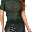 SEBOWEL Women Rhinestone Top Glitter Sparkly Long Sleeve Sheer Mesh Tops Bodycon Shirred Ruched See Through Shirt Blouse (M,Dark Green)