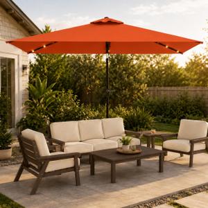 Patio Kingdom 6.5 x 10ft Rectangular Patio Umbrella with Solar Lights, 16 LED Lighted Market Umbrella with Push-Button Tilt and Crank, 6 Sturdy Iron Ribs for Garden, Deck, Pool, Terracotta