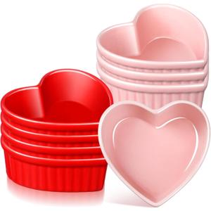 8 Pcs Heart Shaped Ramekin Creme Brulee Ramekins Oven Safe 3.54 x 3.54 x 1.57 Inch Heart Shaped Bowl Small Baking Ceramic Ramekins Dishes for Souffle Snacks Quiche Sauces(Pink and Red)
