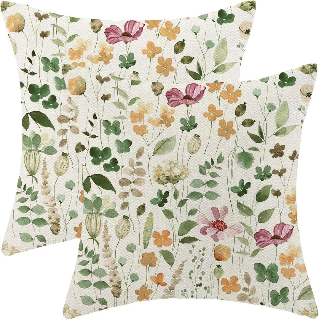 Spring Pillow Covers 16x16 Set of 2 Green Pink Floral Leaves Throw Pillow Covers Decoration Summer Flower Plants Farmhouse Decorative Linen Cushion Cover for Couch Sofa Outdoor Decor