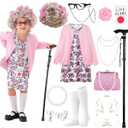 100 Days of School Old Lady Costume Set with Granny Dress Cardigan Old Lady Wig Glasses Grandma Dress Up Outfits